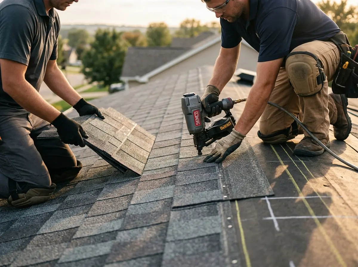 Professional roofer working on a residential roof in Bastrop